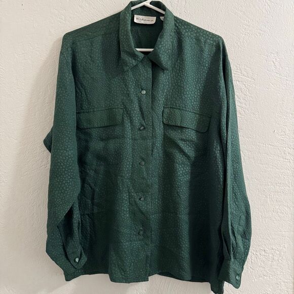 Vintage Kikomo Pebbled Green Silk Button Down M - Picture 1 of 5